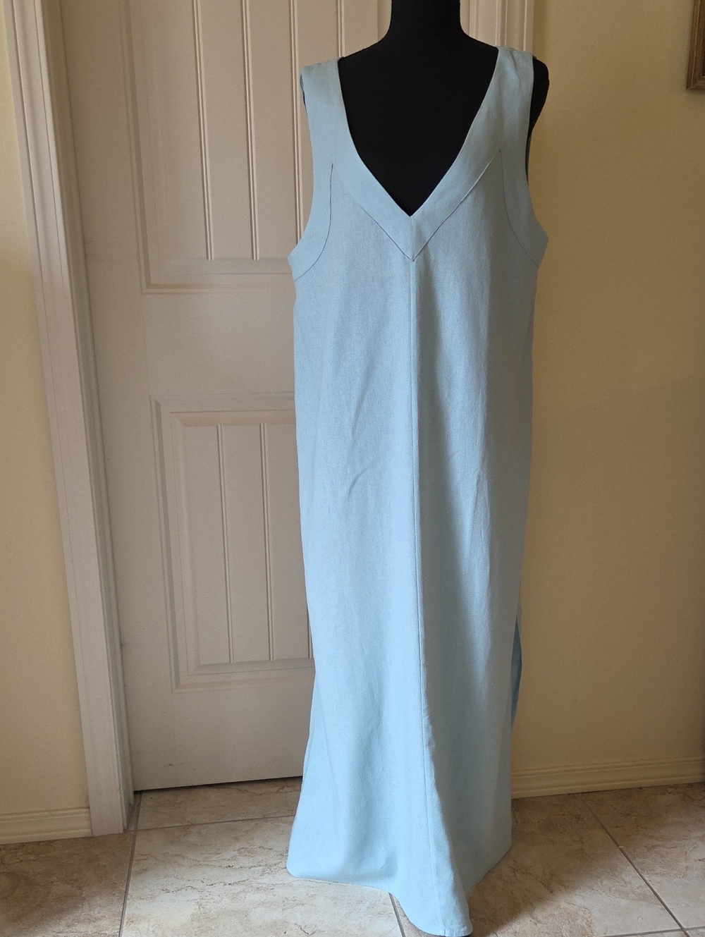 DKNY Women's Linen Blend Sleeveless Maxi Dress, Pale Blue, Size XL/US 16